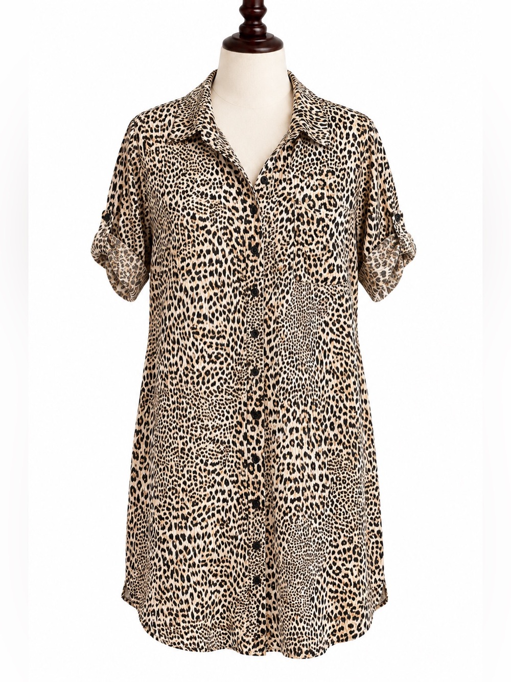 Leopard Print Short Sleeve Cover-Up Dress in Beige/Black 3X